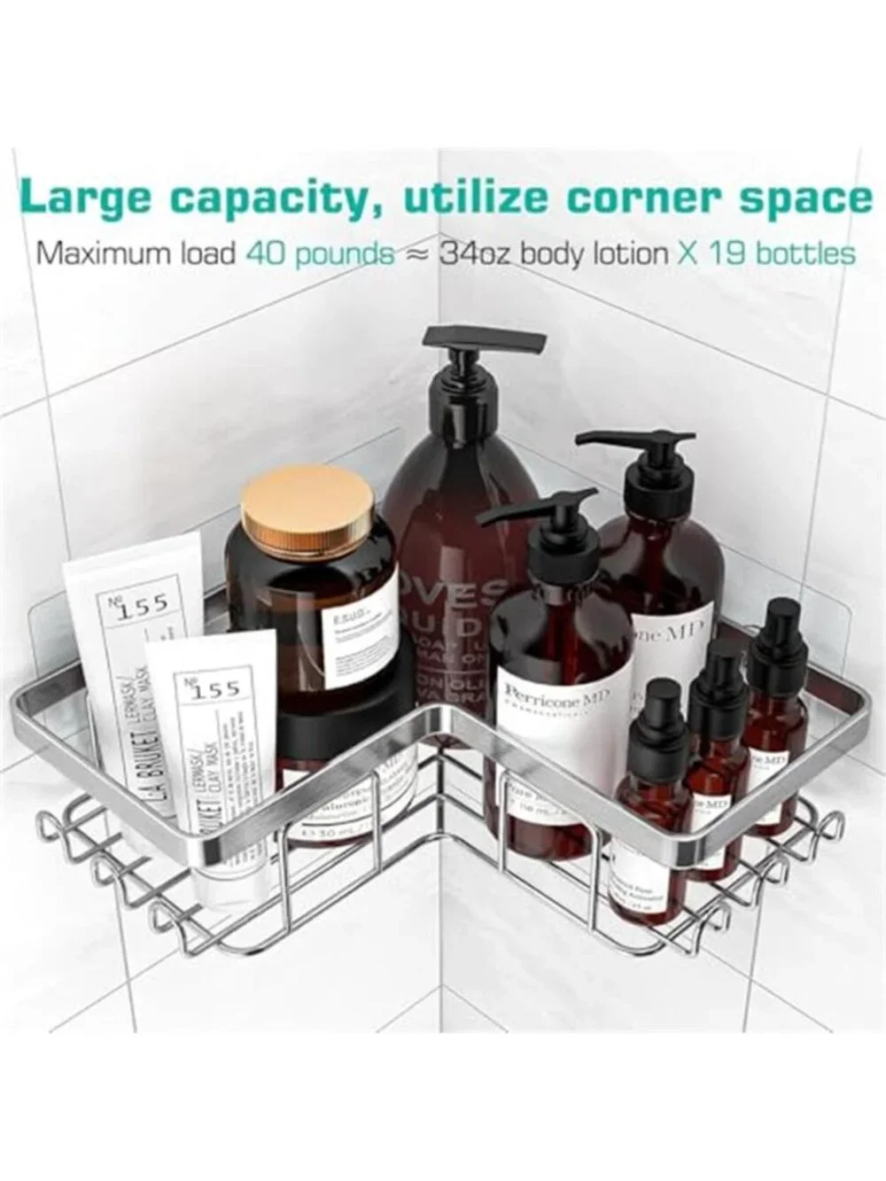 Corner Adhesive Shower Caddy, with Soap Holder and 12 Hooks, Rustproof Organizer